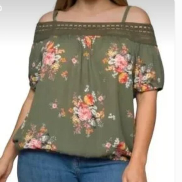 Torrid Off the Shoulder Floral Boho Peasant Blouse Green Floral Blouse 2X - Picture 1 of 4